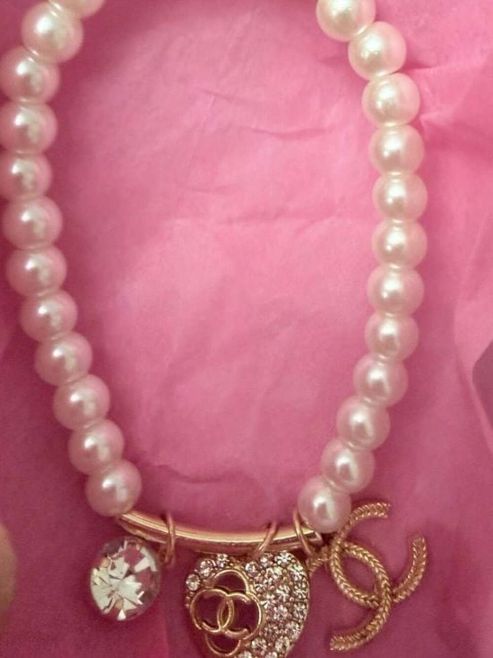 White Pearl Bracelet with Gold-Tone Logo Charms